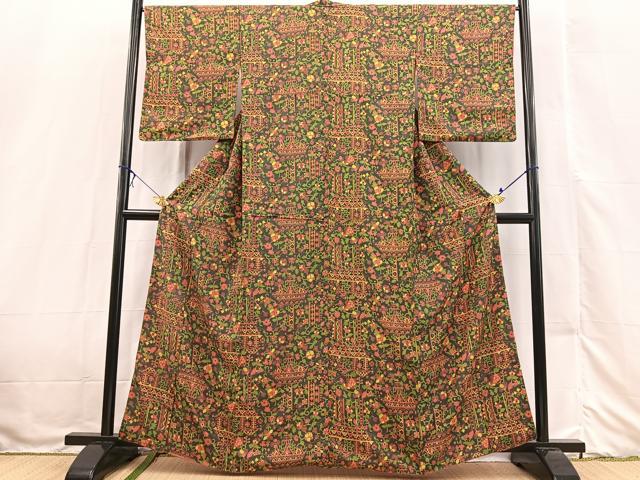 平和屋着物■上質な小紋 切嵌更紗花文 黒緑色 正絹 逸品 BAAX3233yc