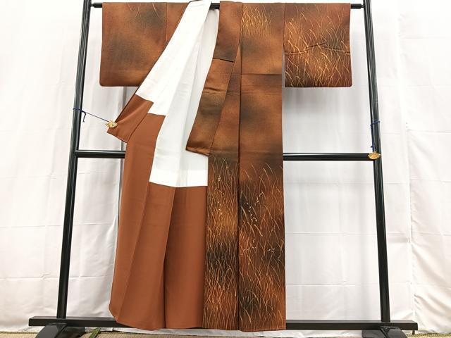 平和屋着物■訪問着 刺繍 手描き 草葉文 暈し染め 正絹 逸品 BAAX3253yc