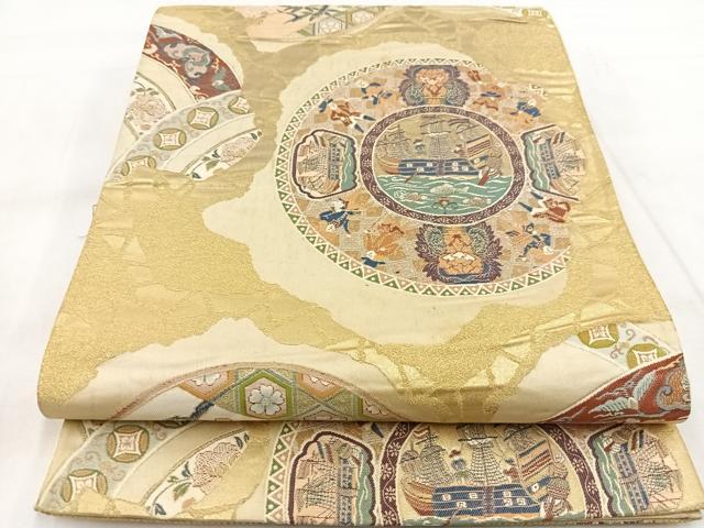 平和屋着物◎六通柄袋帯 人物花絵皿文 金糸 正絹 逸品 BAAX3358yc