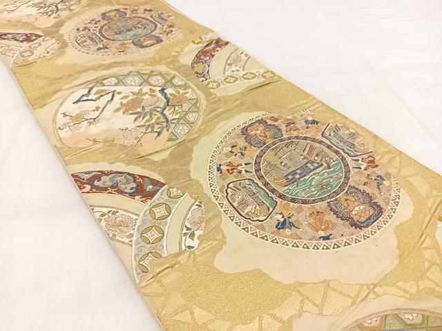 平和屋着物◎六通柄袋帯 人物花絵皿文 金糸 正絹 逸品 BAAX3358yc