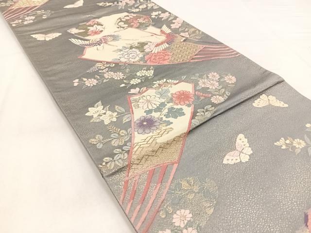 平和屋着物◎六通柄袋帯 唐織 飛鶴扇花蝶文 金銀糸 正絹 逸品 BAAX3363yc