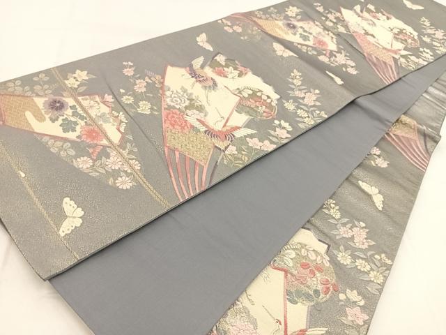 平和屋着物◎六通柄袋帯 唐織 飛鶴扇花蝶文 金銀糸 正絹 逸品 BAAX3363yc