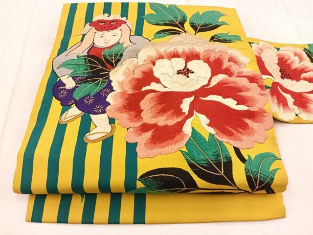 平和屋着物●アンティーク 大正ロマン 九寸名古屋帯 総刺繍 牡丹人物文 金糸 正絹 逸品 BAAX3381yc