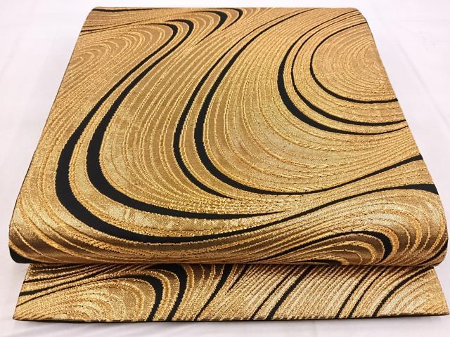 平和屋着物◎全通柄袋帯 流水文 黒地 金糸 正絹 逸品 BAAX3408yc