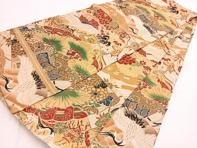 平和屋着物◎アンティーク 大正ロマン 丸帯 唐織 飛鶴御所車花文 金糸 正絹 逸品 BAAX3409yc