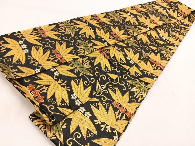 平和屋着物◎半幅帯 笹竜胆文 黒地 金糸 正絹 逸品 BAAX3416yc