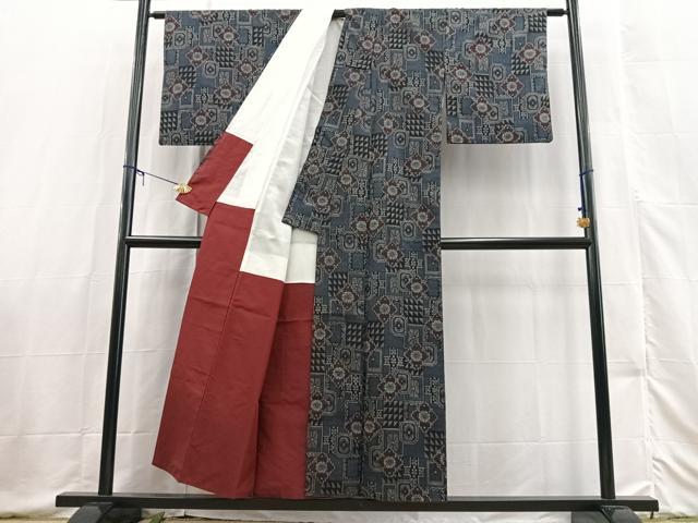 平和屋着物■上質な紬 幾何学花文 正絹 逸品 BAAX3424yc