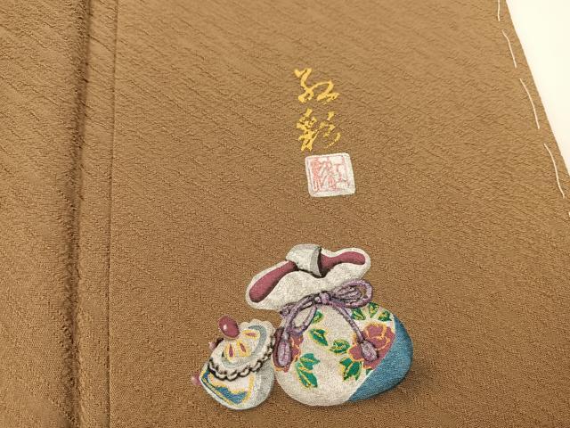 平和屋着物●立体友禅作家 涌波紅彩 色無地 ワンポイント 斜線地紋 朽葉色 正絹 逸品 未使用 BAAX3495yc