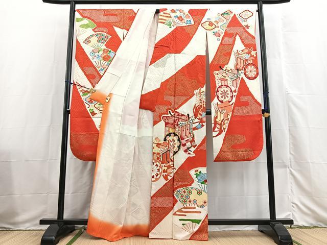 平和屋着物■豪華振袖 駒刺繍 絞り 御所車扇面花文 金彩 正絹 逸品 BAAX3531yc