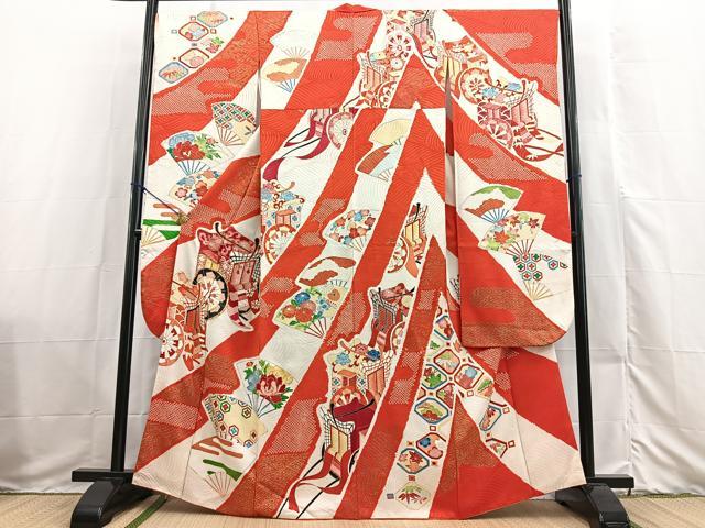 平和屋着物■豪華振袖 駒刺繍 絞り 御所車扇面花文 金彩 正絹 逸品 BAAX3531yc
