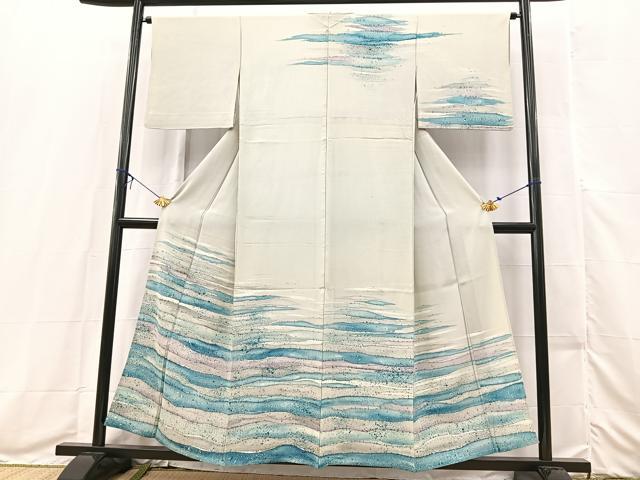 平和屋着物▽訪問着 単衣 横段文 正絹 逸品 BAAX3576yc