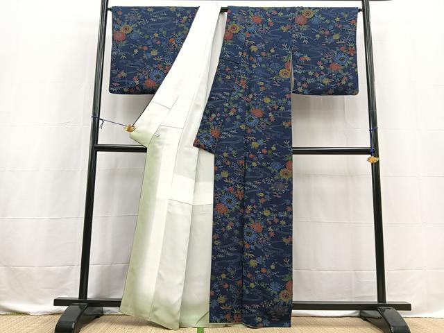 平和屋着物■上質な小紋 型染め 流水草花文 鬼しぼ縮緬 正絹 逸品 BAAX3597yc