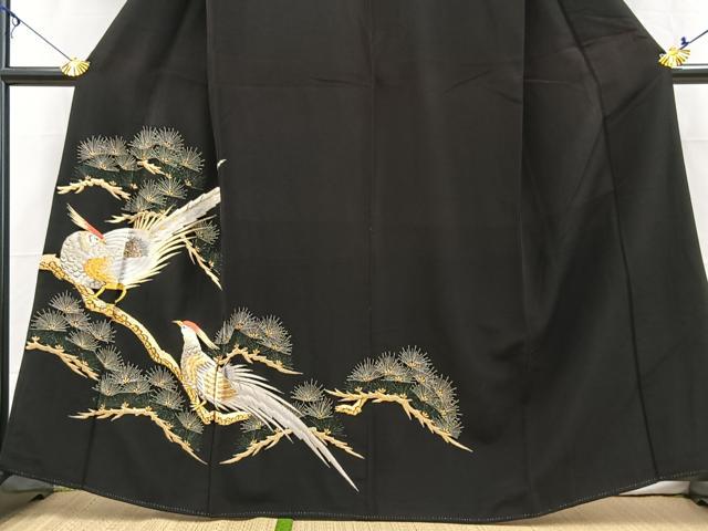 平和屋着物■豪華黒留袖 駒刺繍 尾長鳥笠松文 金銀糸 正絹 逸品 BAAX3631yc