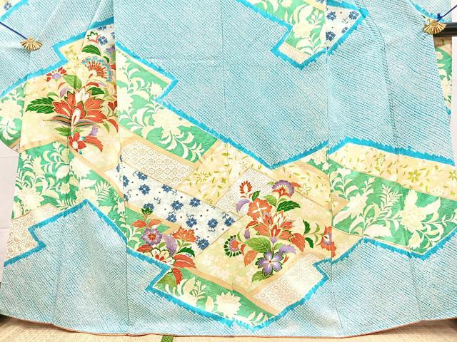 平和屋着物■豪華振袖 駒刺繍 絞り 松皮菱更紗花文 金彩 正絹 逸品 BAAX3641yc
