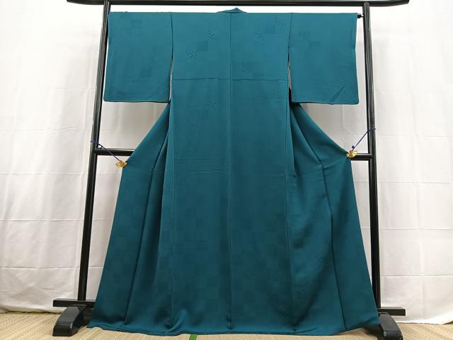 平和屋着物●上質な色無地 市松地紋 納戸色 正絹 逸品 BAAX3665yc