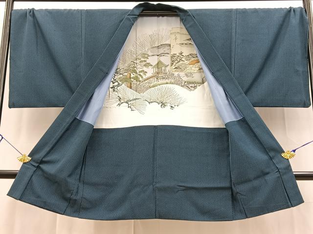 平和屋着物●男性 紬 単衣 アンサンブル 長襦袢(袷)セット 長羽織 幾何学文様 正絹 逸品 BAAX3674yc