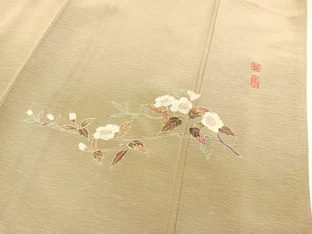 平和屋着物●京加賀友禅 百貫達雄監修 色無地 ワンポイント 白橡色 正絹 逸品 BAAX3690yc