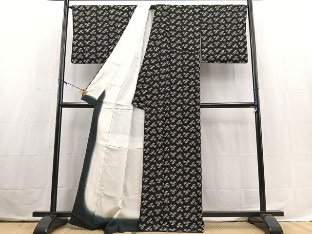 平和屋着物■上質な小紋 笹の葉文 黒地 正絹 逸品 BAAX3767yc