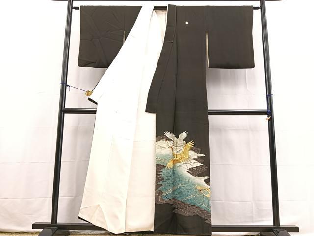 平和屋着物■豪華黒留袖 刺繍 飛鶴立波文 金銀糸 正絹 逸品 BAAX3768yc