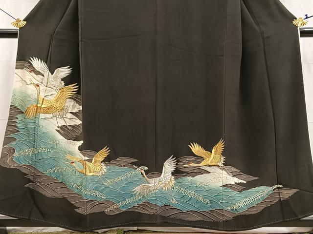 平和屋着物■豪華黒留袖 刺繍 飛鶴立波文 金銀糸 正絹 逸品 BAAX3768yc