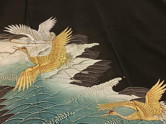 平和屋着物■豪華黒留袖 刺繍 飛鶴立波文 金銀糸 正絹 逸品 BAAX3768yc