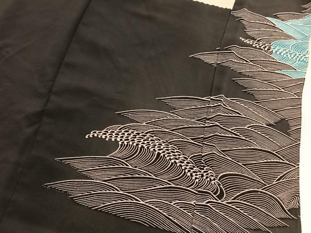 平和屋着物■豪華黒留袖 刺繍 飛鶴立波文 金銀糸 正絹 逸品 BAAX3768yc