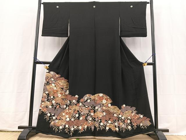 平和屋着物■豪華黒留袖 駒刺繍 地紙花蝶文 金彩 正絹 逸品 BAAX3796yc