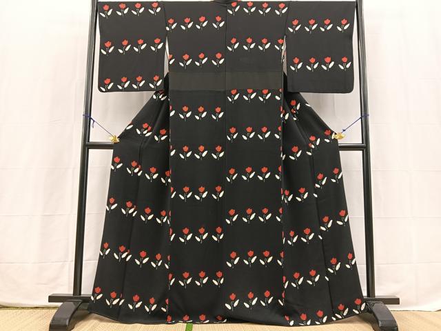平和屋着物■上質な小紋 絞り 横段花文 黒地 正絹 逸品 BAAX3860yc