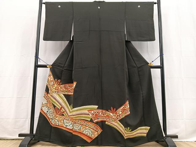 平和屋着物■豪華黒留袖 駒刺繍 こぼれ松花文 金彩 正絹 逸品 BAAX3876yc