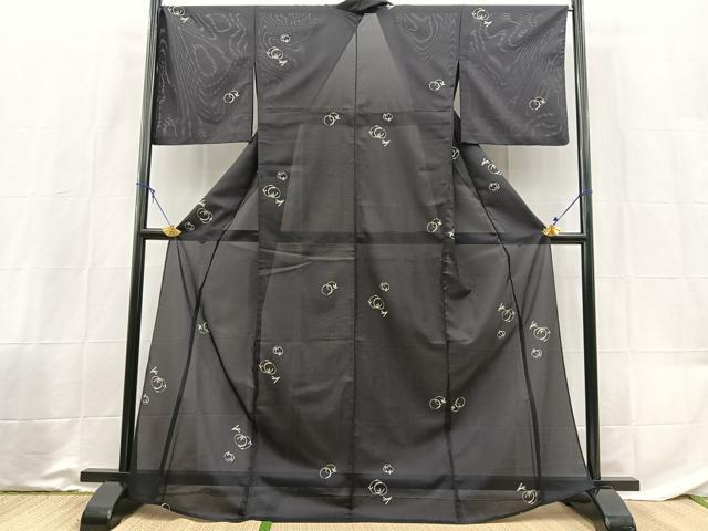 平和屋着物*夏物 小紋 絽 笹竹丸文 黒地 洗える着物 BAAX3952yc