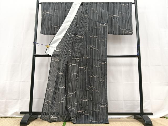 平和屋着物*夏物 小紋 紗 雪芝花文 黒地 洗える着物 BAAX3960yc