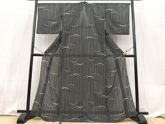平和屋着物*夏物 小紋 紗 雪芝花文 黒地 洗える着物 BAAX3960yc