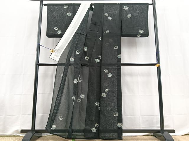 平和屋着物*夏物 小紋 紗 糸巻き文 黒地 洗える着物 BAAX3964yc