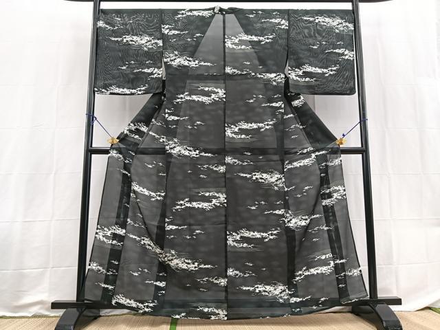 平和屋着物*夏物 小紋 絽 霞文 黒地 洗える着物 BAAX3982yc