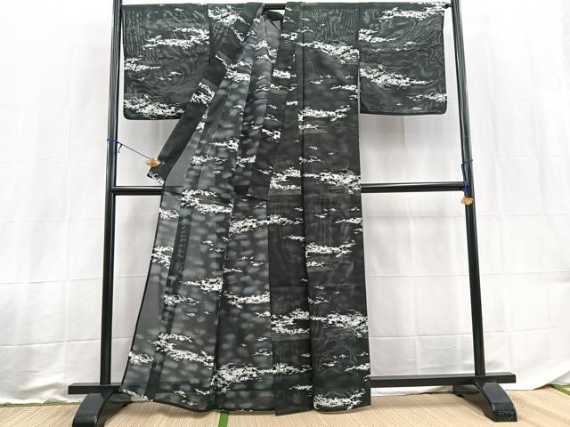 平和屋着物*夏物 小紋 絽 霞文 黒地 洗える着物 BAAX3982yc