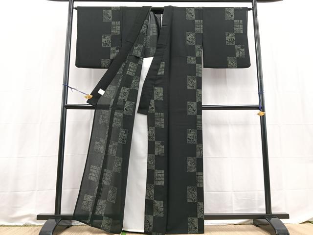 平和屋着物*夏物 小紋 紗 風景文 黒地 洗える着物 BAAX3984yc
