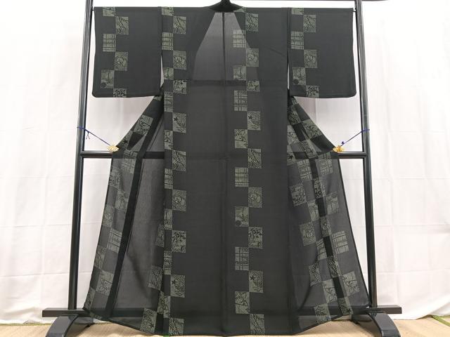 平和屋着物*夏物 小紋 紗 風景文 黒地 洗える着物 BAAX3984yc
