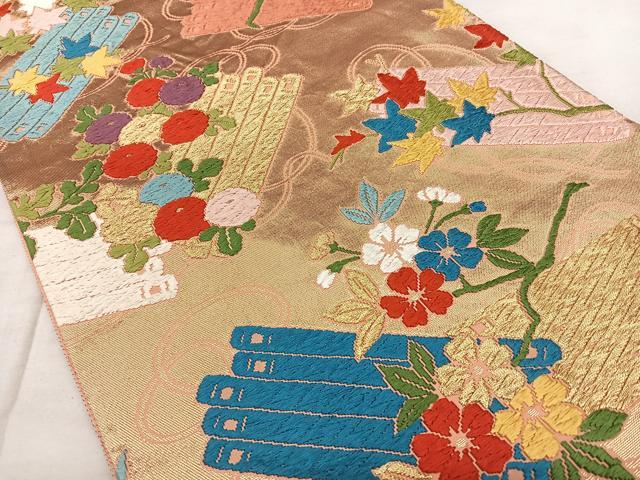 平和屋着物◎六通柄袋帯 唐織 菊桜楓花筏文 若松花瑶謹織 金糸 正絹 逸品 BAAX4002qw