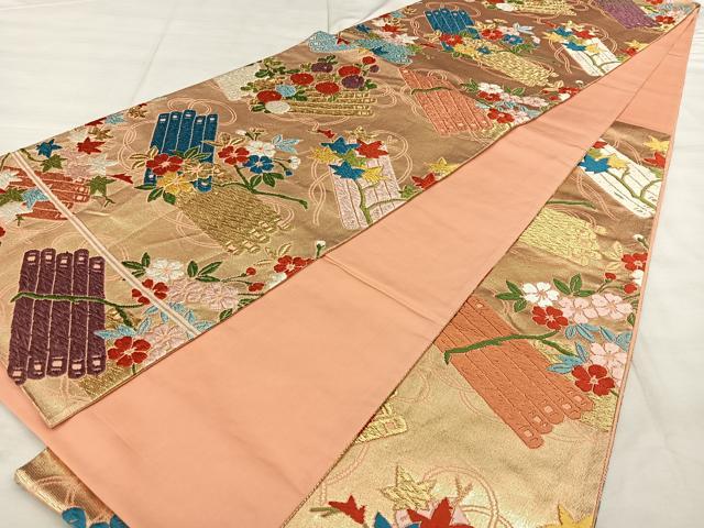 平和屋着物◎六通柄袋帯 唐織 菊桜楓花筏文 若松花瑶謹織 金糸 正絹 逸品 BAAX4002qw