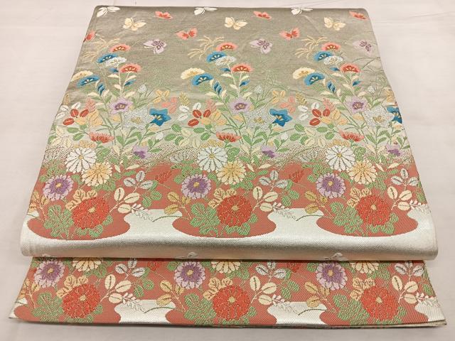 平和屋着物◎六通柄袋帯 唐織 花蝶文 金銀糸 正絹 逸品 BAAX4029qw