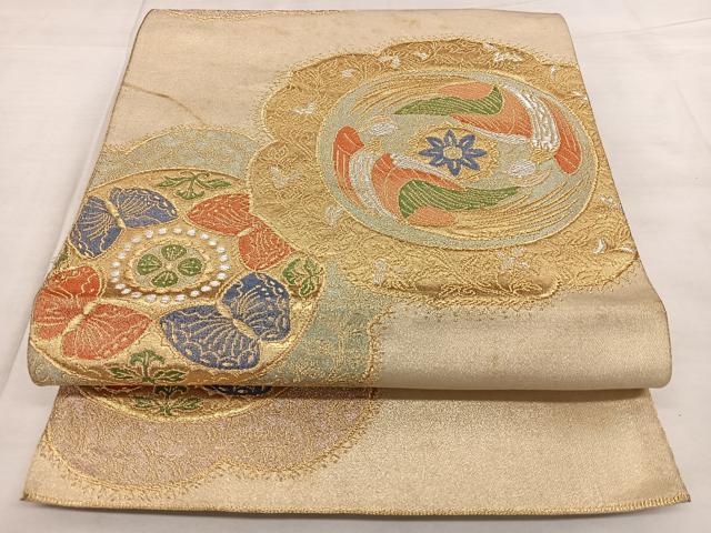 平和屋着物◎六通柄袋帯 唐織 絵皿花鳥文 金銀糸 正絹 逸品 BAAX4033qw