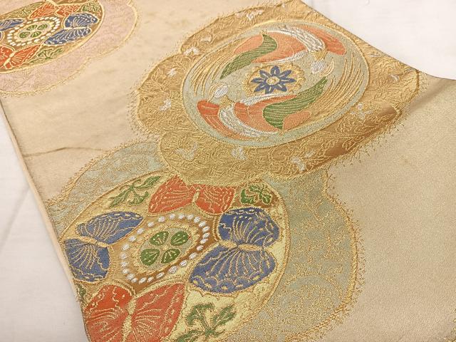 平和屋着物◎六通柄袋帯 唐織 絵皿花鳥文 金銀糸 正絹 逸品 BAAX4033qw