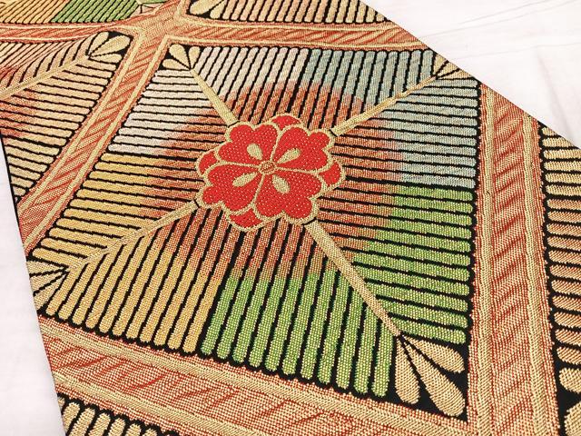 平和屋着物◎六通柄袋帯 唐織 花菱文 黒地 金糸 正絹 逸品 BAAX4062qw