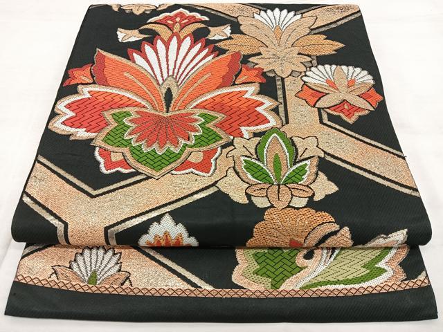 平和屋着物◎六通柄 本袋帯 唐織 亀甲花唐草文 黒地 金糸 正絹 逸品 BAAX4104qw