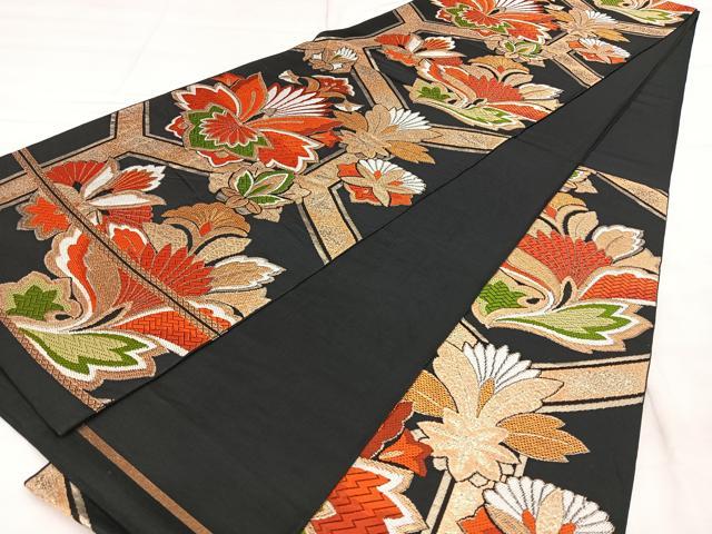 平和屋着物◎六通柄 本袋帯 唐織 亀甲花唐草文 黒地 金糸 正絹 逸品 BAAX4104qw