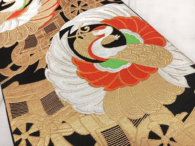 平和屋着物◎六通柄袋帯 唐織 飛鶴御所車文 黒地 金銀糸 正絹 逸品 BAAX4106qw