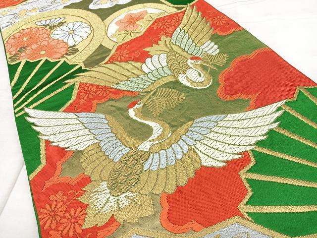 平和屋着物◎六通柄袋帯 唐織 扇面花鳥文 金銀糸 正絹 逸品 BAAX4122qw
