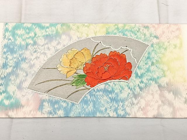 平和屋着物◎九寸名古屋帯 刺繍 扇面花文 金銀糸 正絹 逸品 BAAX4149qw