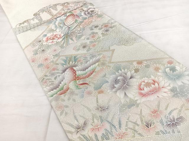 平和屋着物◎西陣 太鼓柄袋帯 綴れ 花鳥文 銀糸 金銀彩 証紙付き 正絹 逸品 BAAX4164qw