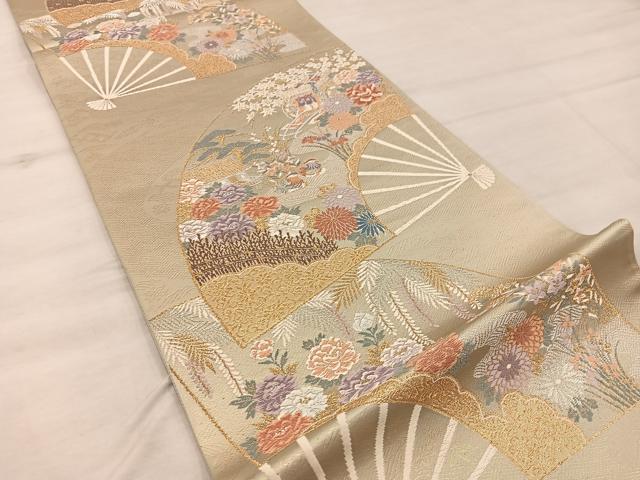 平和屋着物◎六通柄袋帯 古典錦 扇面風景花鳥文 金銀糸 正絹 逸品 BAAX4202mz